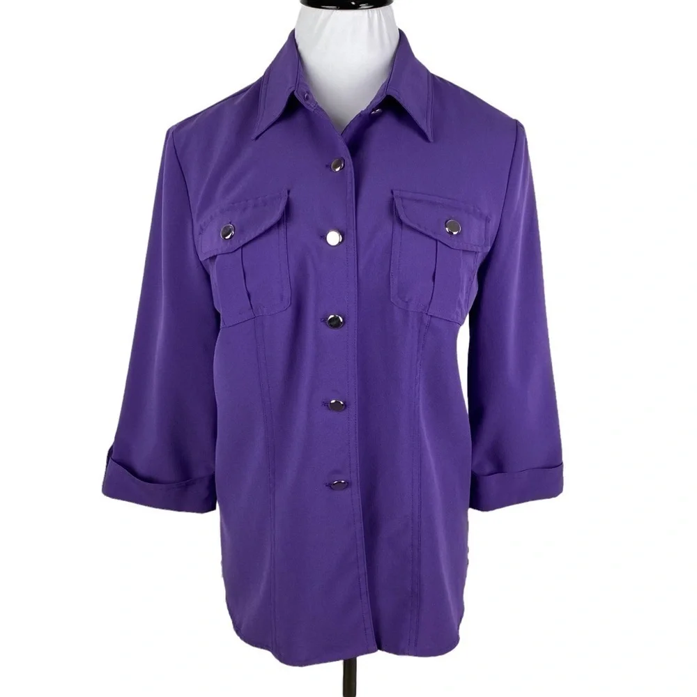 Sag Harbor Purple 3/4 Roll‎ Tab Sleeve Button Down Blouse Women's 8